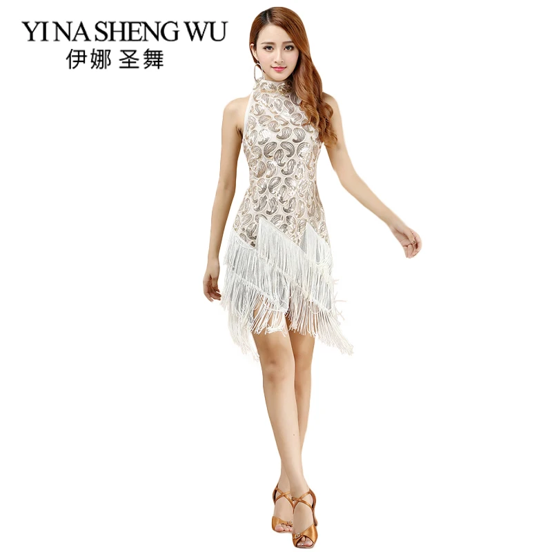 

Latin Dance Costume Women Adult Dance Competition Dress Sequins Tassel Elegant Sexy Latin Tango Salsa Dance Skirt Dress 5 Colors