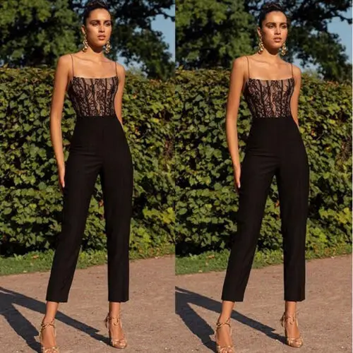 

2019 Fashion Womens Summer Spaghetti Strap Lace Sleeveless Slim Jumpsuit Party Straight Leg Long Romper Jumpsuits