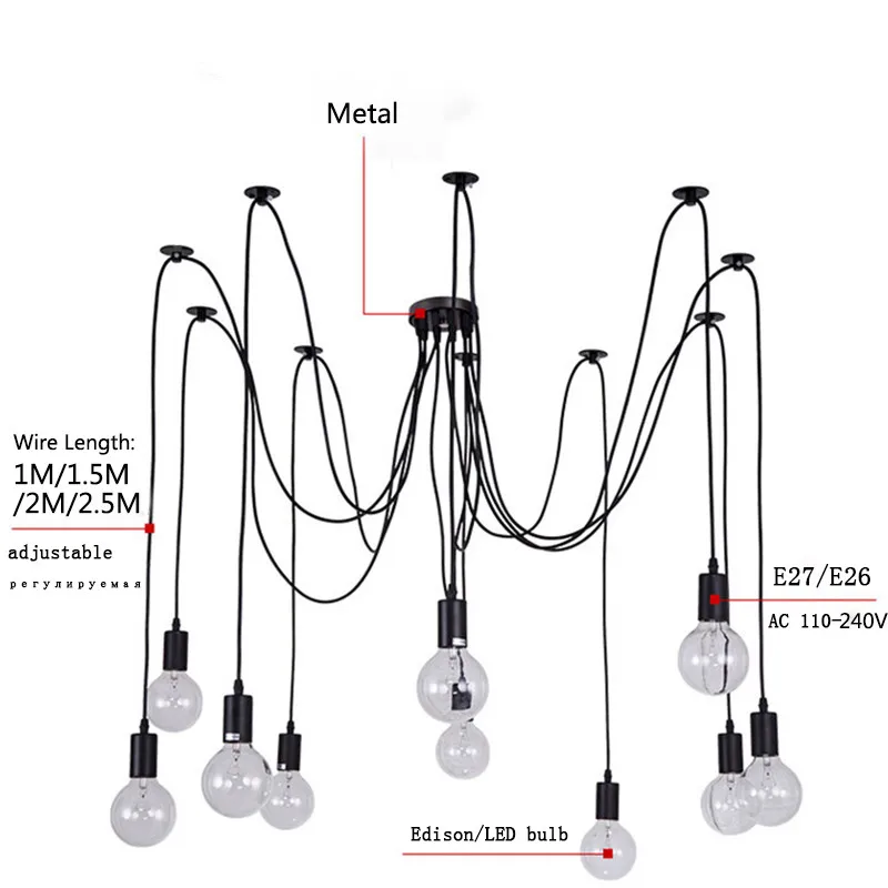 Современный DIY большой паук промышленные черные винтажные подвесные лампы Лофт led E27 AC 110V 220V подвесные светильники для гостиной кухни