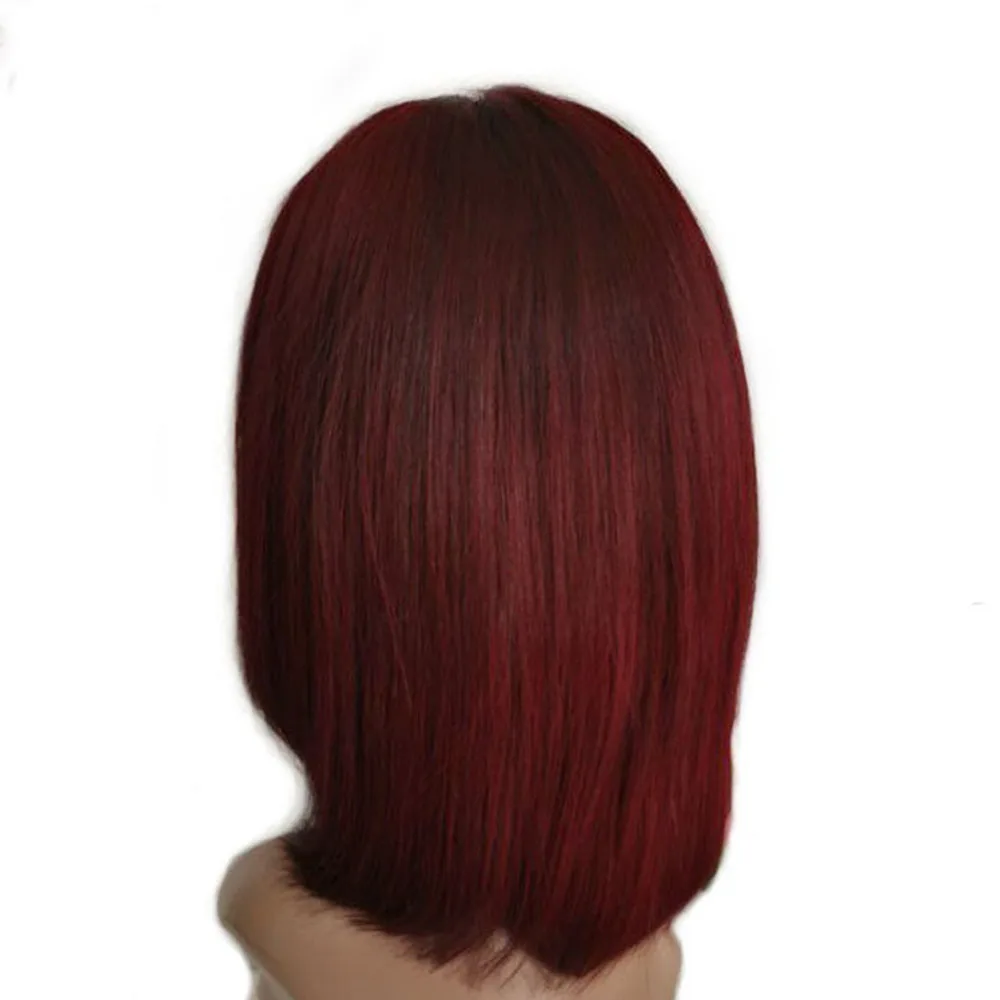 SimBeauty короткий Боб Красный цвет прямые волосы на фронте шнурка человеческие парики с челкой Бразильские Remy бордовые челка парик с волосами младенца