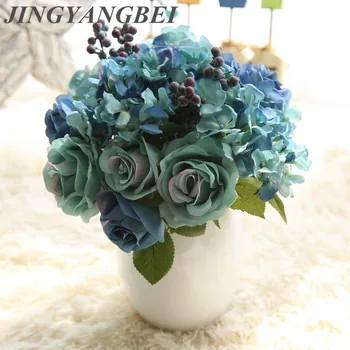 

1 Bouquet 6 branches Artificial Rose Hydrangea flower berry simulation plant bouquet wedding Bride flower home decoration