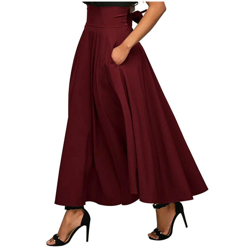 Women Retro High Waist Pleated Skirt Autumn Winter Belted Maxi Loose Skirt With Pocket Women Retro High Waist Pleated Skirt Autumn Winter Belted Maxi Loose Skirt With Pocket