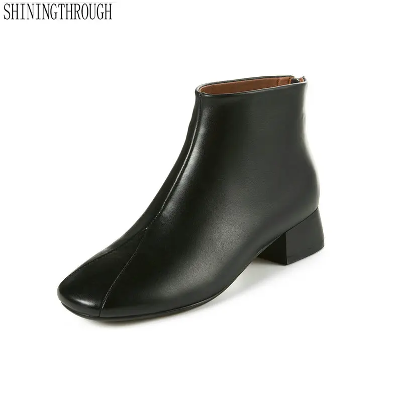 

100% cow leather low Heels Women Ankle Boots Zipper Basic Western Boots 2019 Autumn Winter New Genuine Leather Boots