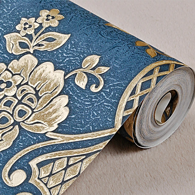 Online Elegant European Gold Pvc Vinyl Deep Embossed Damask Elegant European Gold Pvc Vinyl Deep Embossed Damask Wallpaper Wall Paper Rolls Dark Red Blue For Hotel