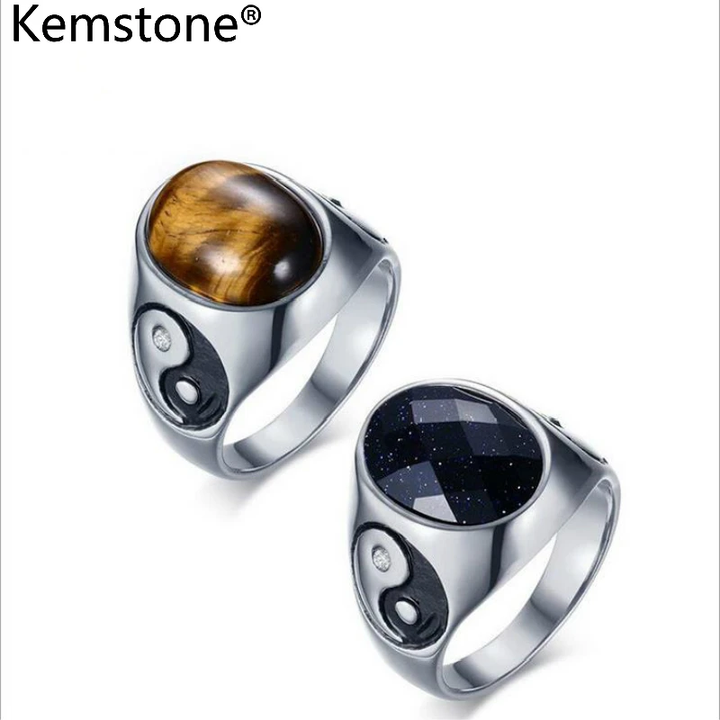 Kemstone серебристого цвета коричневый тигровый глаз камень из черного песчаника из нержавеющей стали восемь иероглифов мужские кольца ювелирные изделия подарок