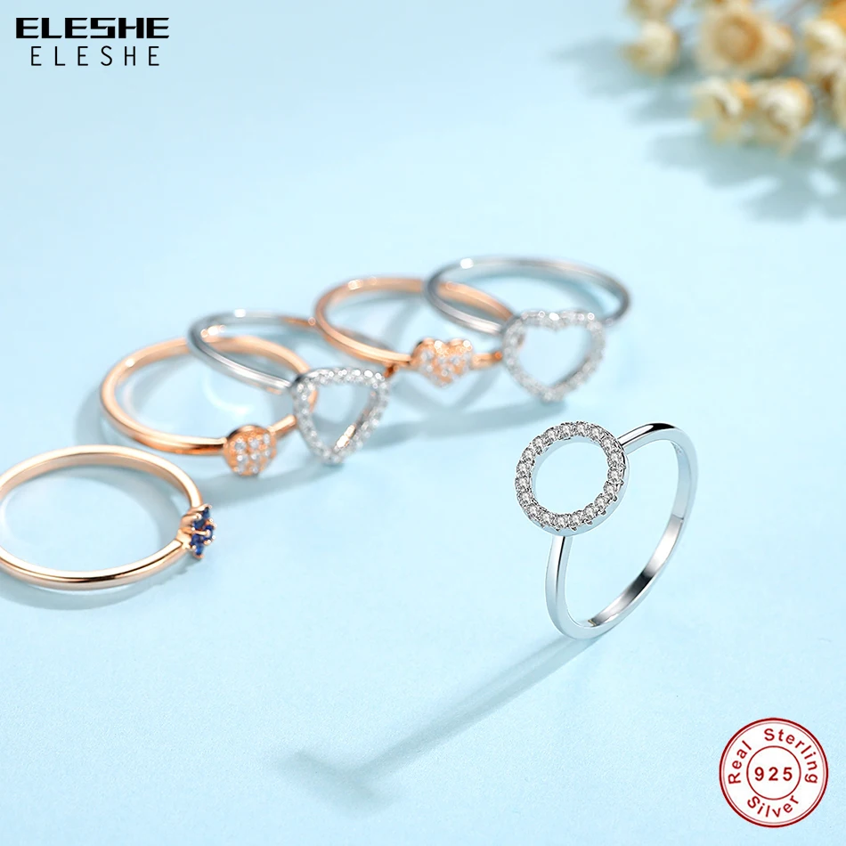 ELESHE 2018 Circle Round Crystal Finger Rings for Women 925 Sterling Silver Flower Ring Rose Gold Wedding Jewelry