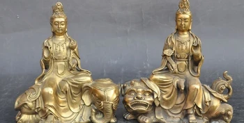 

9" china buddhism brass Manjushri Samantabhadra bodhisattva lion Elephant statue