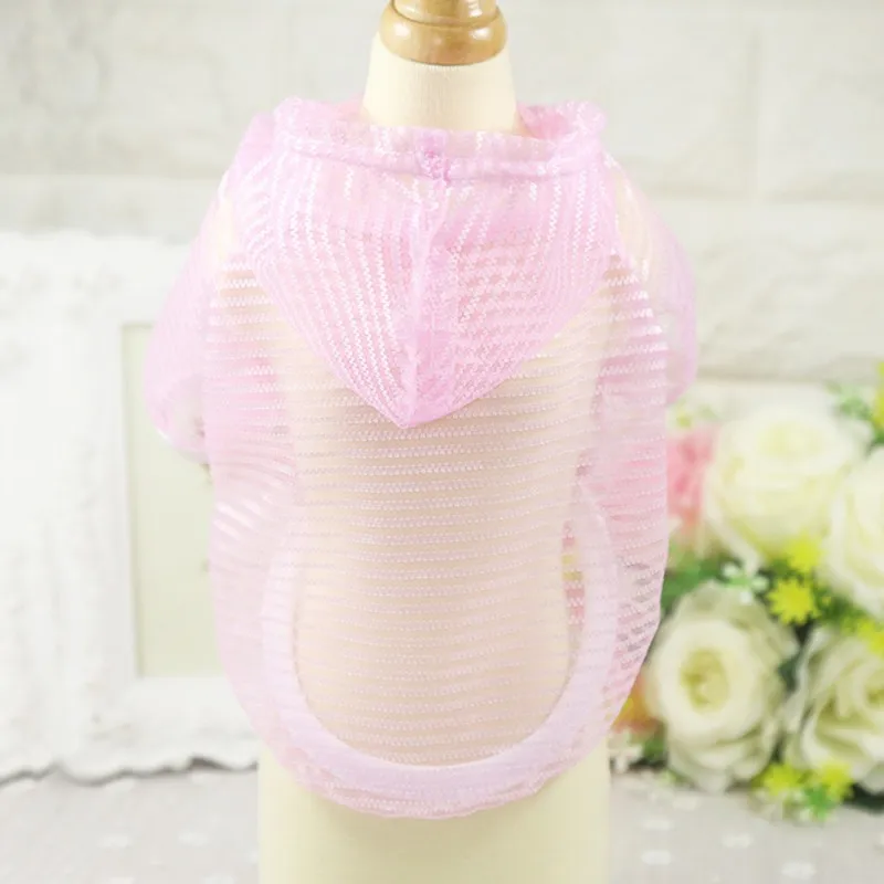 

Spring Summer Lovely Sun Protection Dog Clothes Breathable Mesh Hoodies Pet Puppy Clothing Striped Solid Color Pet Clothing