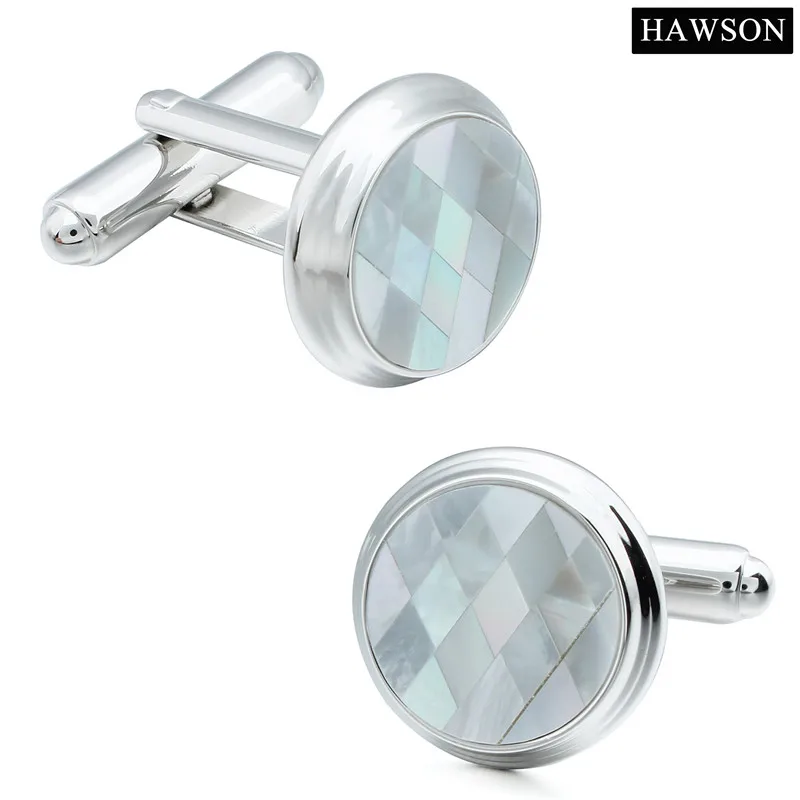 

HAWSON Classic Mother of Pearl Round Silver Plated Copper Stone Cufflink for Men High Quality Luxury Men Cuff links Cuff Button