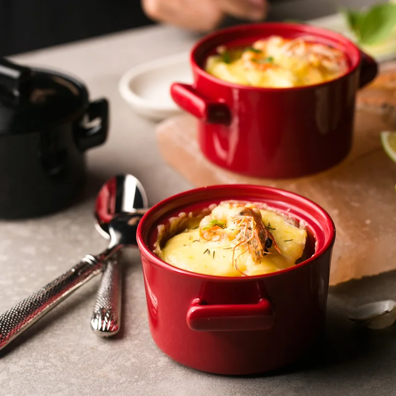 

KINGLANG ceramic small red baking bowl baking dish with lid kitchen tableware flat bottom dessert bowl