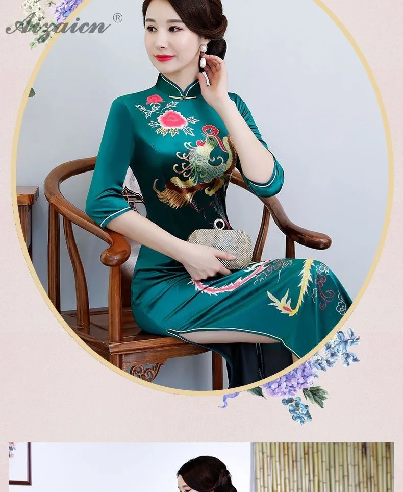 Бархат зима Qipao современный длинный рукав китайский свадебное платье Cheongsam дизайн Восточный стиль платья для женщин традиционная одежда