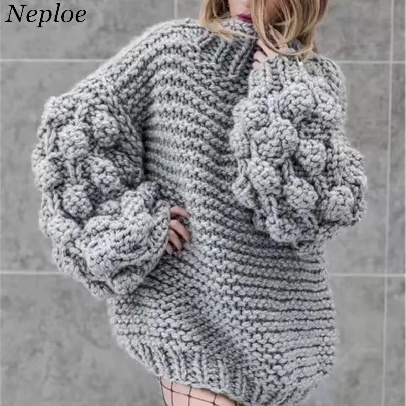Neploe Hand Knitted Solid Women Sweater Loose Warm Puff Sleeves Girl Pullovers 2022 New Auttum Winter Fashion Sueter Mujer 68635 | Женская