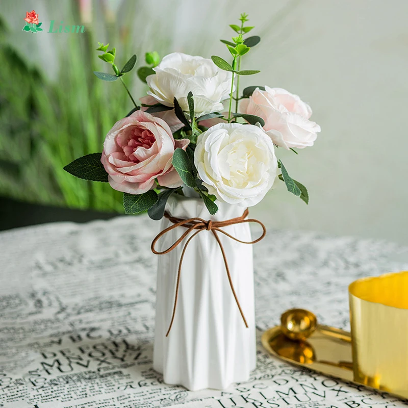 

Lism 30cm/11.8in Rose White Silk Artificial Flowers Bouquet 8cm Big Head Fake Flowers for Home Wedding Decoration Indoor Gold