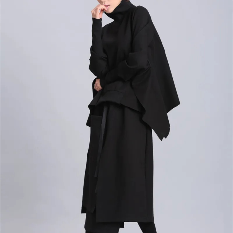 [EAM] весенний черный пуловер с длинным рукавом "летучая мышь" и воротником-хомутом свободного покроя, женское модное пальто OA869