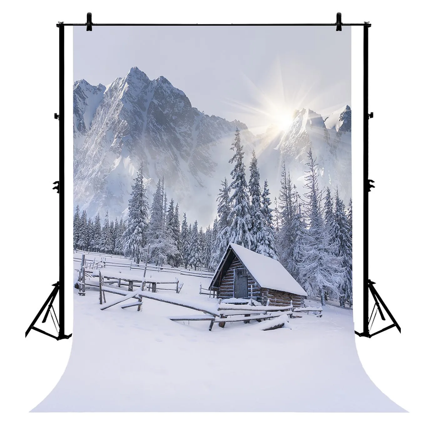 

5x7ft Winter Season Sunrise Ice Mountain Pine Trees Rural Polyester Photo Background Portrait Backdrop