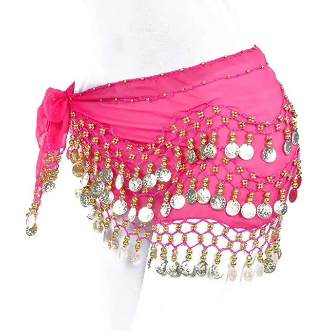 Hot-Pink Шифоновая цепочка для живота с золотыми монетами, расширяющийся пояс, танцевальный костюм для выступлений, хип-юбка, шарф, пояс - Цвет: Hot-Pink