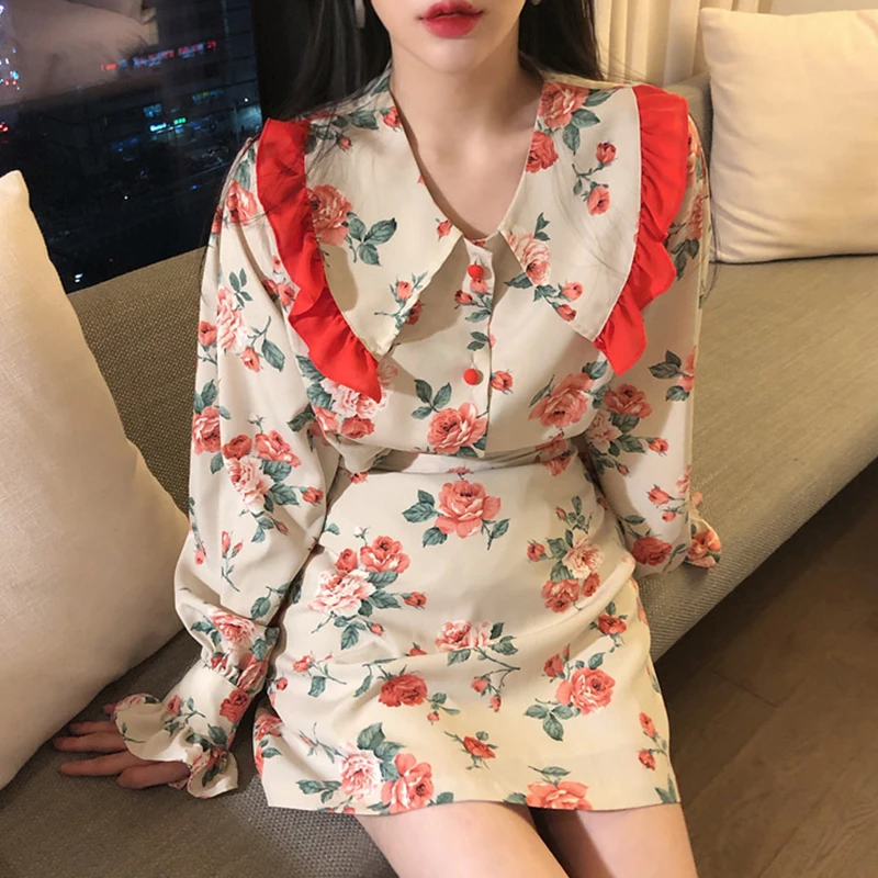 

Korean Style Fashion Women Two Piece Sets Skirt Blouse Sweet Flower Print Patchwork Women Two Piece Outfits Holiday Fashion