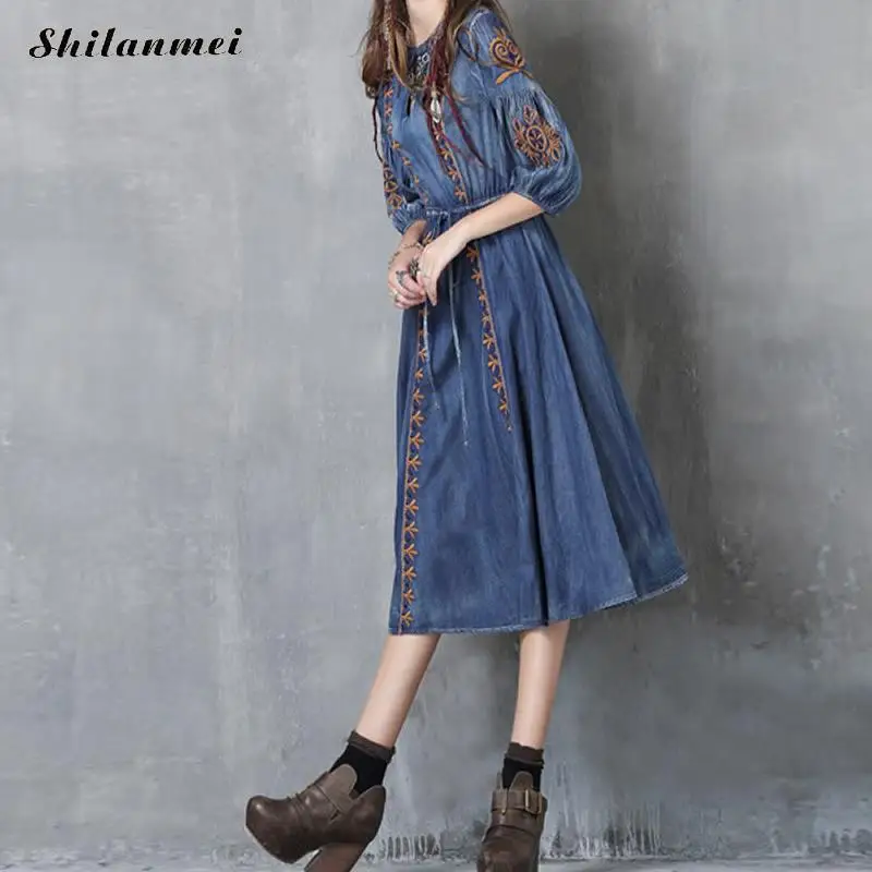 Fashion Blue Half Sleeve Woman Casual Denim Dress Embroidered One Piece Female 2018 Autumn Streetwear Loose Jeans Dresses