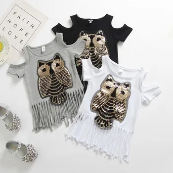 

Summer Kids Girls Fashion Owl Long Fringe Pattern Tassel Short Sleeve T-Shirt Tops Children Clothes Tee