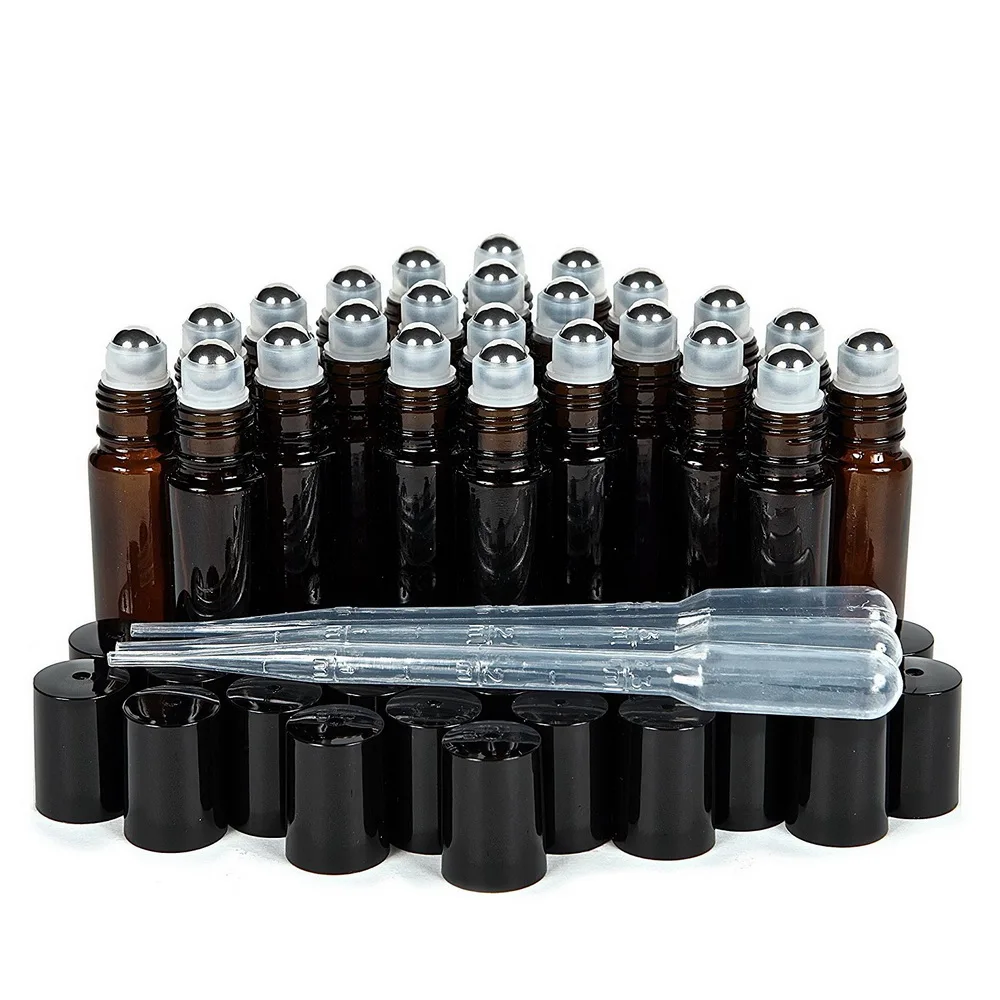 24pcs Amber Glass 10ml Essential Oil Bottles Roll On Vials W Stainless Steel Metal Roller Ball