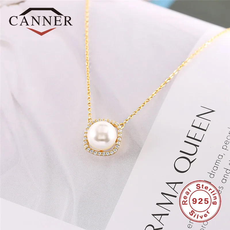 CANNER S925 Sterling Silver Square Imitation Pearls Pendant Necklace Fashion Temperament Zircon Choker TH