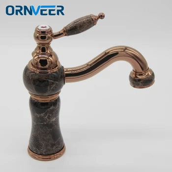 

Free Shipping luxury Gold Finish Long Mouth Bathroom Sink Mixer Tap Globe Brown Marble Body Rose Gold Brass Basin FaucetA060