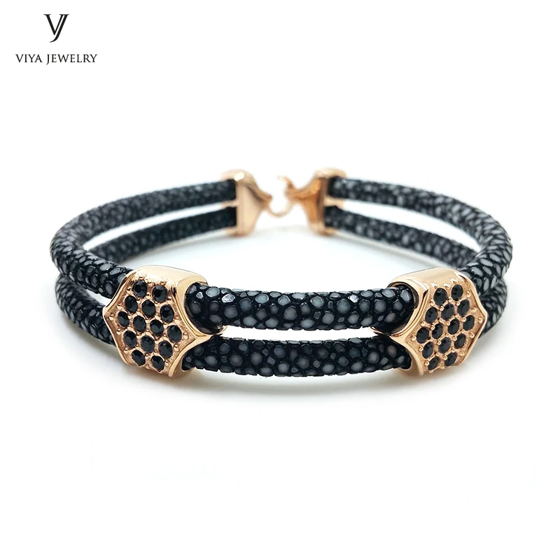 

Genuine Black Stingray & Rose Gold Hardware Men Bracelet Customize Color And Size Stingray Leather Cords Bracelet Has Gift Box