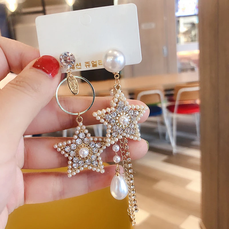 

2019 New Tassel Loop Full Pearls Star Asymmetrical Dangle Earrings for Women Korean Chic Fashion Party Earring Jewelry