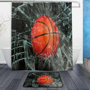

Basketball Ball through Glass Waterproof Polyester Fabric Shower Curtain with Hooks Doormat Bath Floor Mat Bathroom