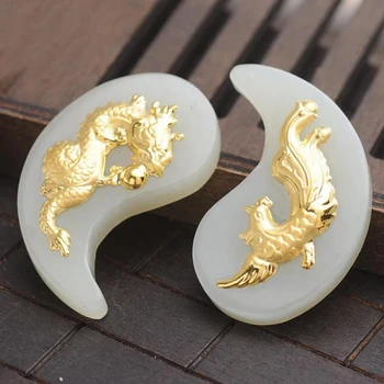 

Pure 24K Yellow Gold 100% Natural A Grade Jadeite Carved Dragon Phoenix Pendant