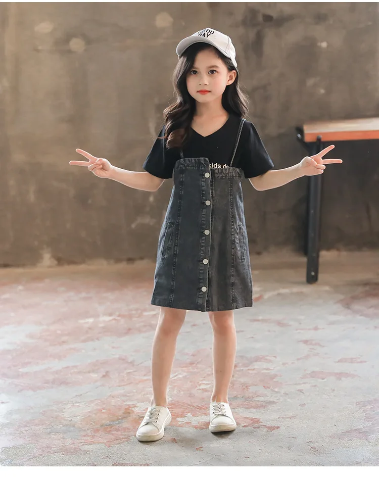 

2019 Summer Kids Baby Girls Letter Short Sleeve T-shirt Strap Cowboy Skirt Princess Outfits Casual Children Clothes Set 4-12T