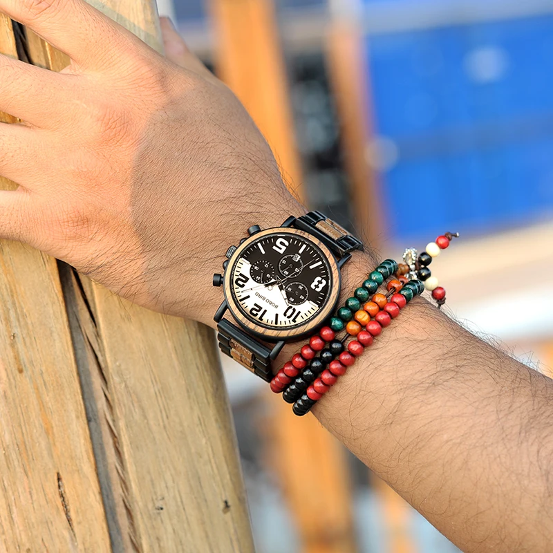 BOBO BIRD Men Watch Wood Chronograph Watches for Man Luxury Design Metal Wooden Idea Gifts Custom Clock Dropshipping C-nR25