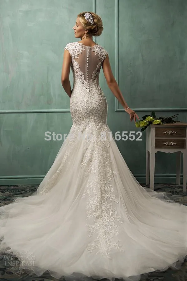 2015 Amelia Sposa V Neck Cap Sleeve Mermaid Wedding Gowns Lace Tulle Appliqued Fit Flare Sheer Backless Plus Size Bridal Party Dresses SSJ (1).jpg