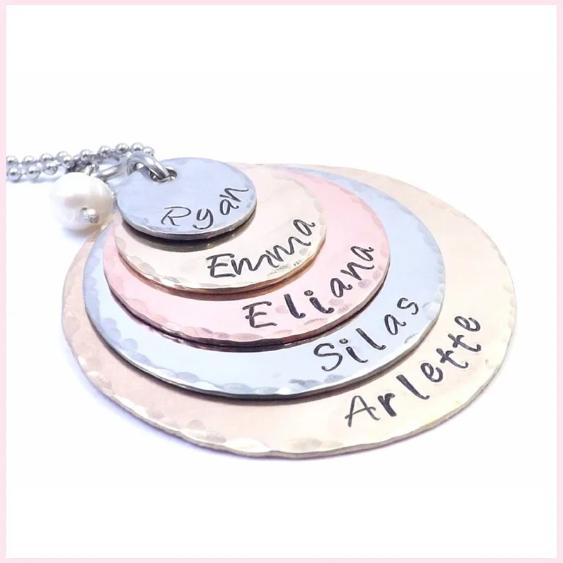 

StrollGirl Five Layer Mixed Metal Hand Stamped Personalized Necklace 925 Sterling Silver Custom Disc Necklace Best Friend Gift