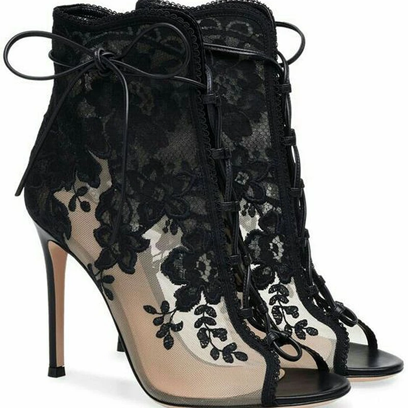 Пикантные женские босоножки на шнуровке черные сандалии с открытым носком на высоком каблуке сандалии крест ремни цветы обувь для вечеринок обувь по индивидуальному заказу