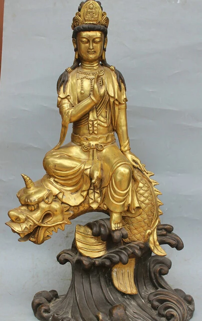 

JP S62 32" China Buddhism Bronze Gold Kwan-yin Guan Yin Goddess Ride Dragon Fish Statue B0403
