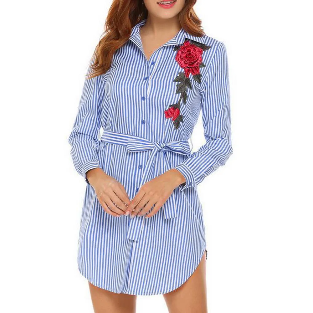 

Feitong 2018 Fashion Women Turn-down Collar Striped Embroidery Patchwork Ribbons Mini Dress