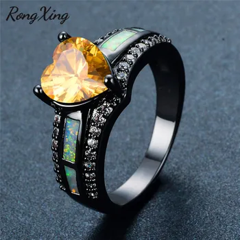 

RongXing Stylish Retro White Fire Opals Yellow Heart Rings For Women Black Gold Filled November Birthstone Zircon Jewelry RB1352