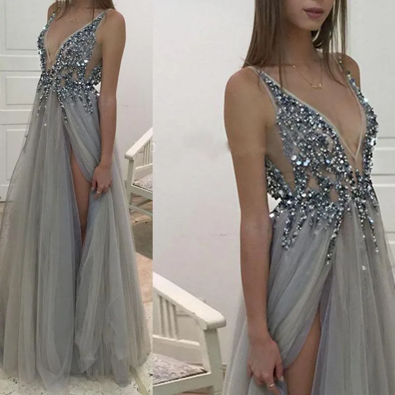 

HGS225 Front Split Sexy V Neck Evening Dresses Grey Color Fully Beaded Long Prom Gowns Evening 2019
