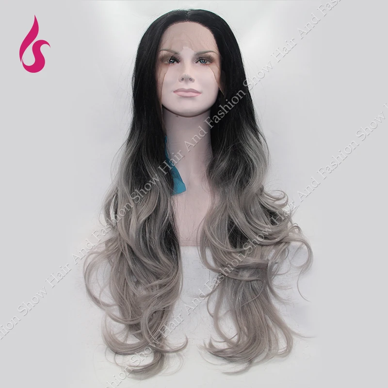 Dark Rooted Omber Grey Wigs Long Natrurl Wavy Gray Synthetic Wig for