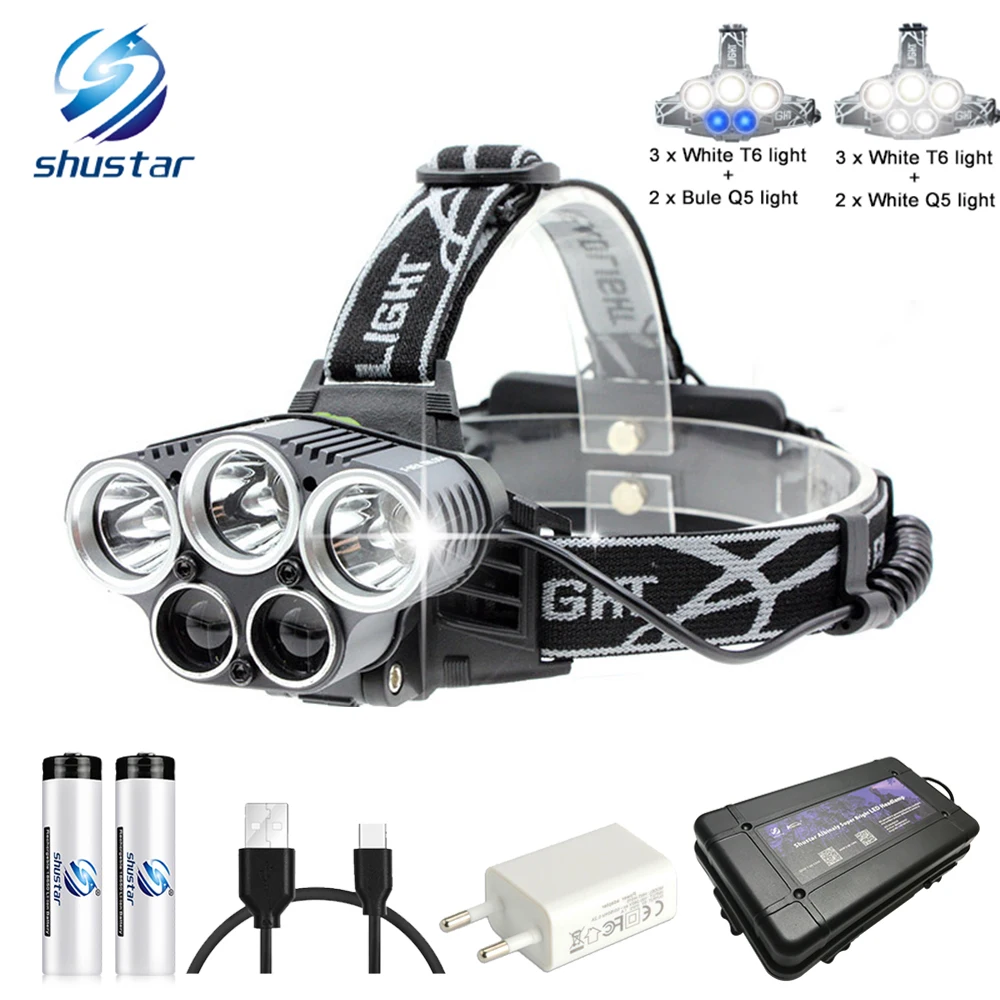 Najtaniej Led ładowane na usb reflektor 5 białe światło lub 3 białe + 2 bule światło wodoodporny reflektor led lampa wędkarska użyj 18650 baterii