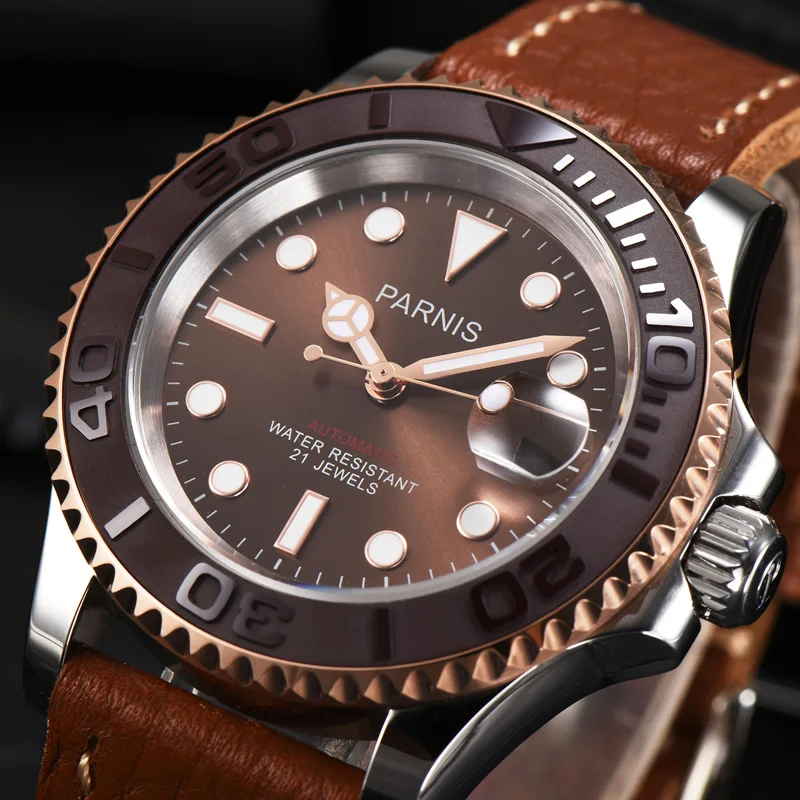 Модные Parnis 40 мм коричневый циферблат Автоматические Мужские механические часы кожаный ремешок Miyota 8215 сапфировые хрустальные светящиеся мужские часы