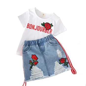 

Kids Clothes White T-shirt Denim Skirt 2pcs Girls Suits 2019 New Summer Casual Little Girl Outfits Letter Flower Children Set