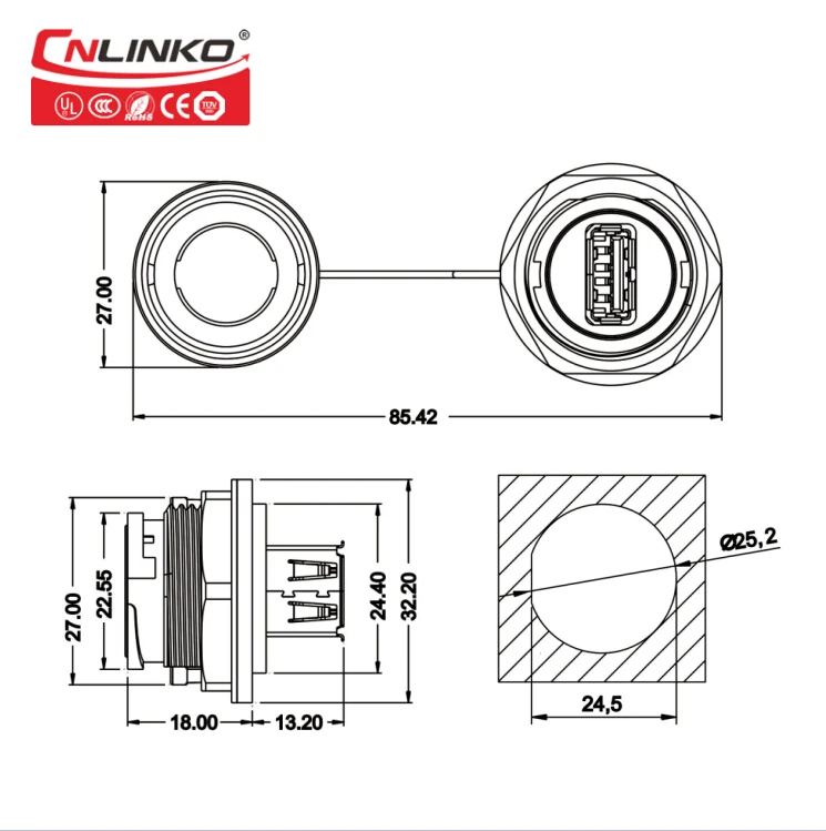 CNLINKO USB2.0 панельный монтажный разъем IP67 водонепроницаемый USB разъем YU USB Женский панельный монтажный разъем для передачи данных