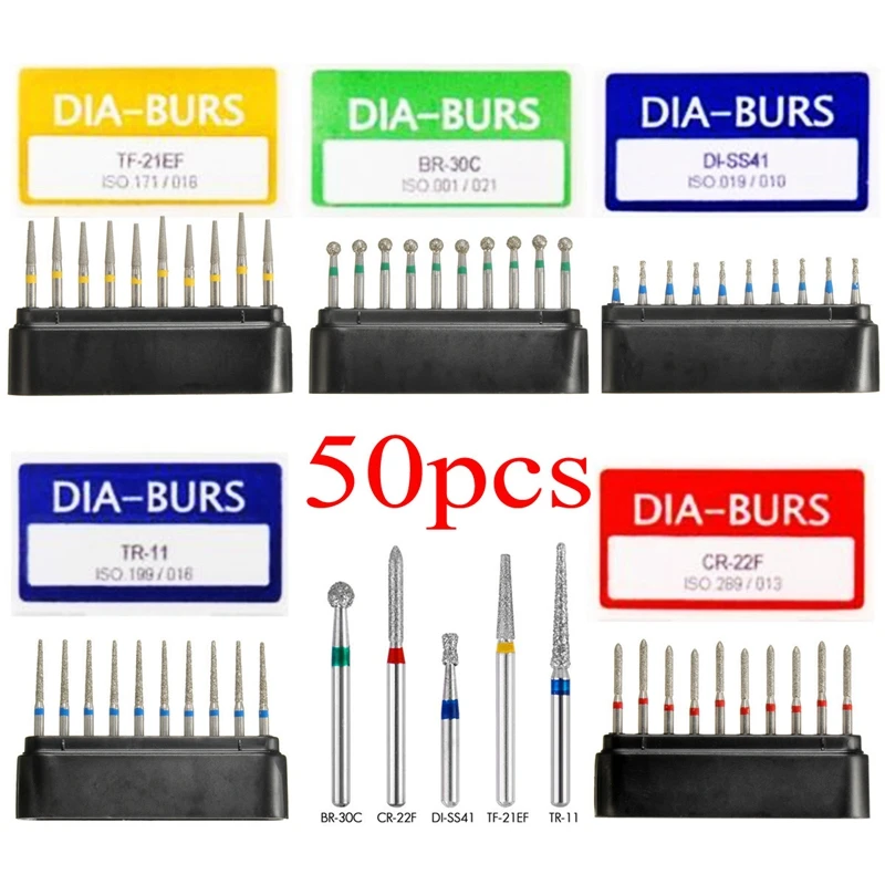 

50 Pcs Dental Diamond Burs FG 1.6mm For High Speed Handpiece High Quality BR-30C DI-SS41 TR-11TF-21EF CR-22F Bits Dia-Burs