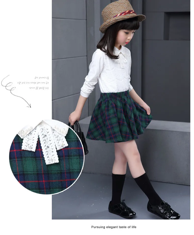 Girls White Shirt Plaid Waistcoat Skirts 3PCS Suit 14
