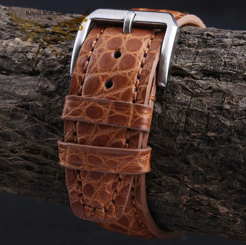2014 New Style 21mm 22mm Handmade Orange Genuine Alligator Leather Watch Strap Band Brushed Silver Stainless