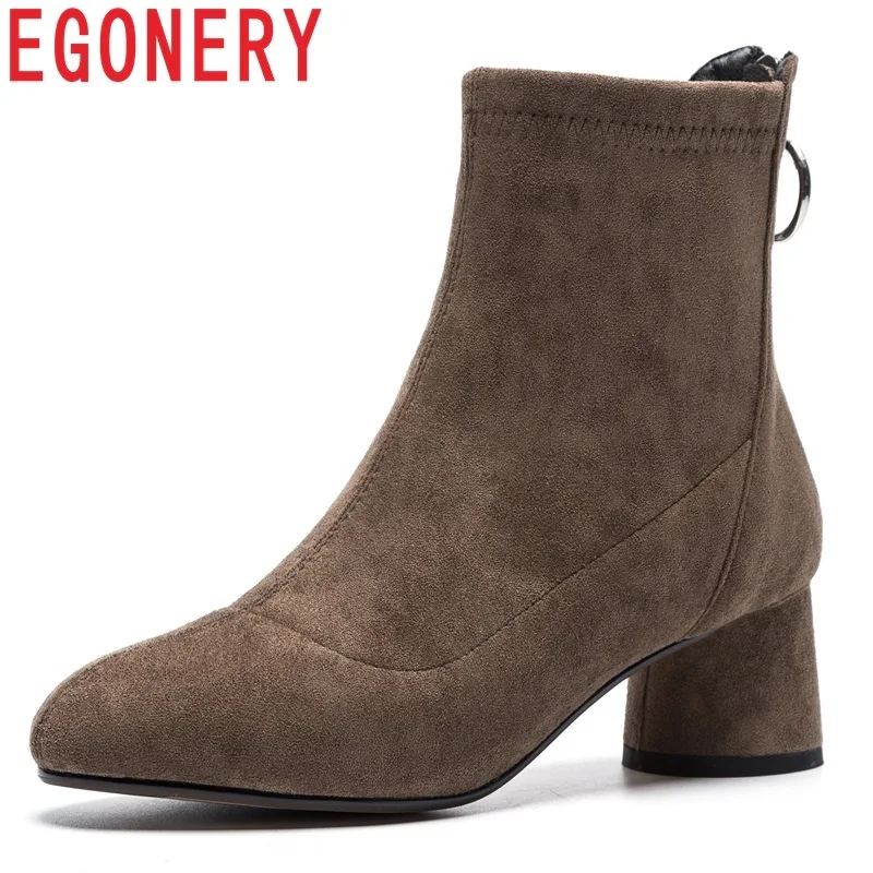 

EGONERY shoes women newest hot sale stretch fabric med round heels zipper round toe winter warm fashion ladies plush ankle boots