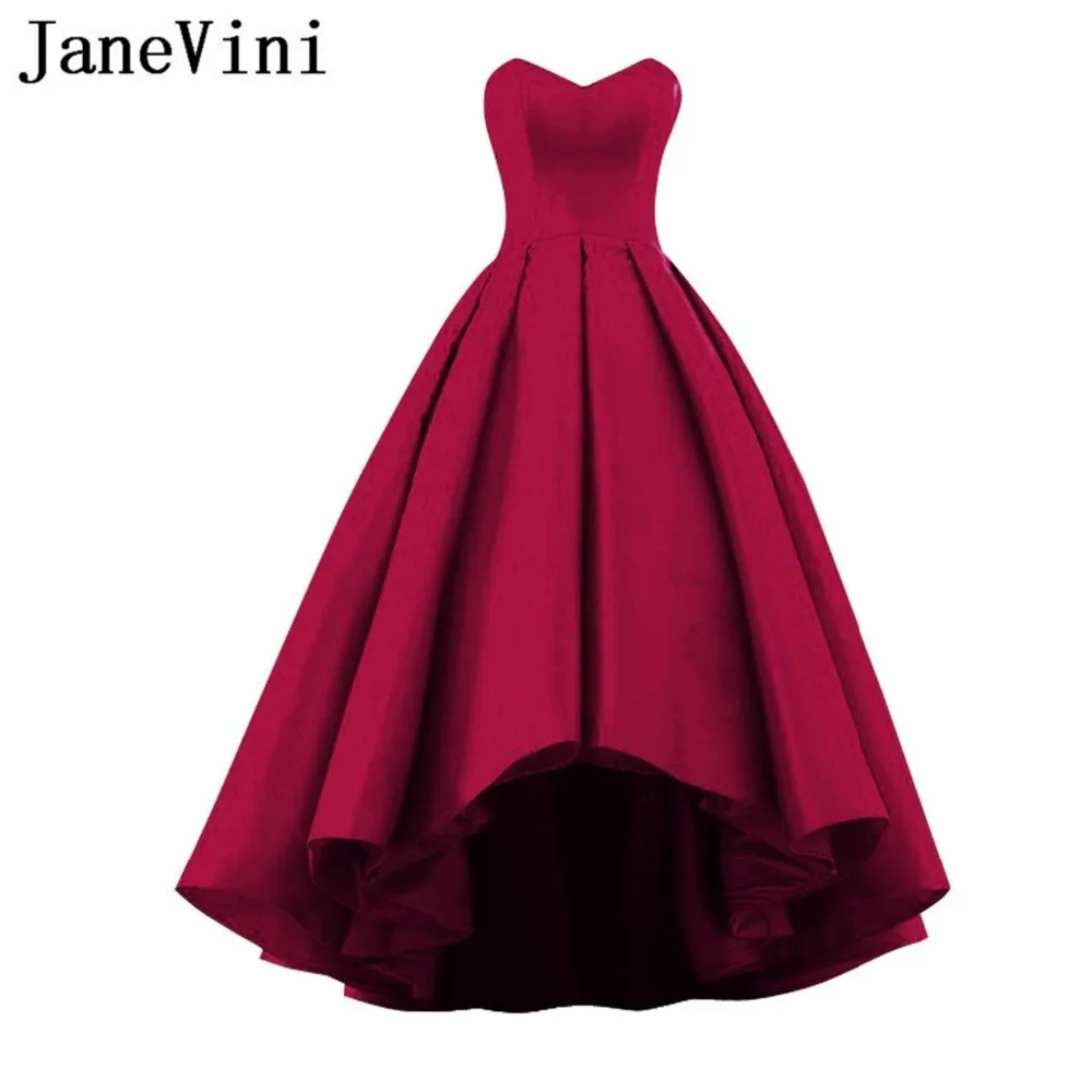 JaneVini 2018 Простой Высокий Низкий длинный атласный бордовый платья подружек невесты для Для женщин Милая спинки длиной до пола Длина