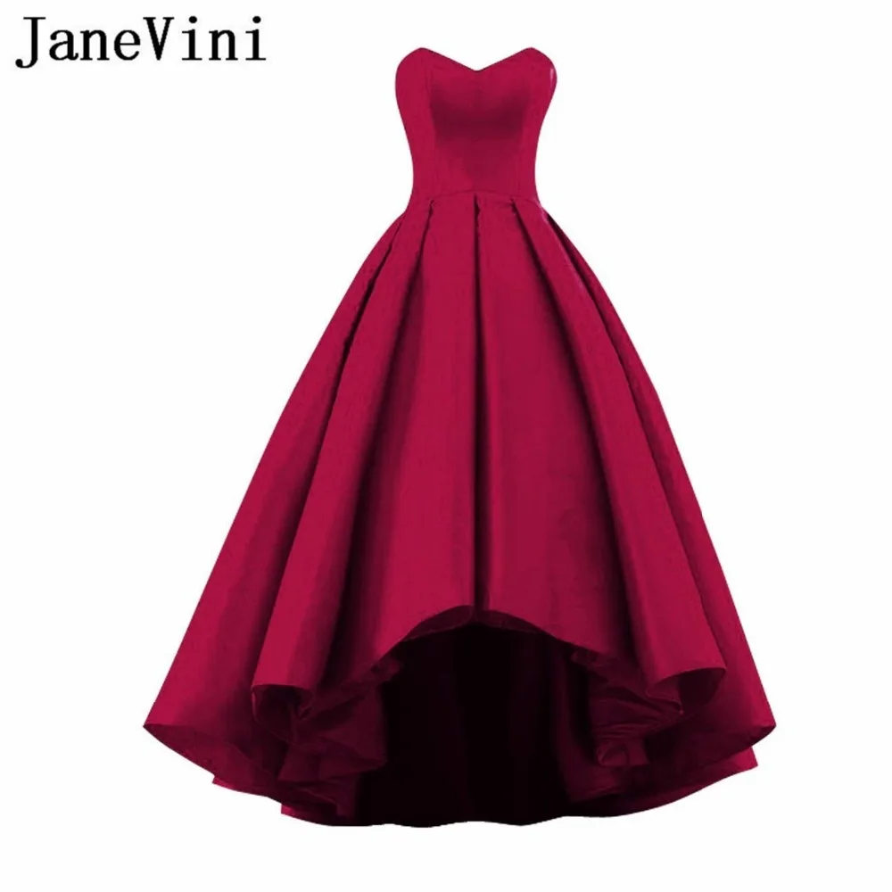 

JaneVini 2018 Simple High Low Satin Long Burgundy Bridesmaid Dresses for Women Sweetheart Backless Floor Length Prom Party Gowns